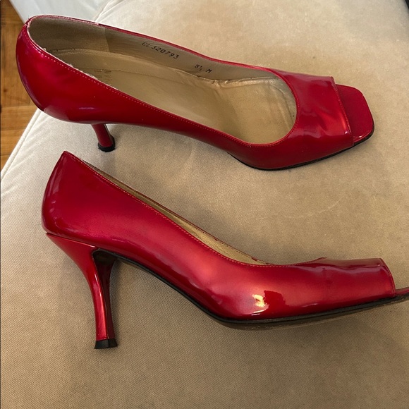 Stuart Weitzman Red Patent Leather Open Toe Heels - Picture 2 of 3
